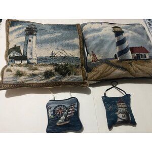 1 lot of four Decorative Lighthouse Tapestry Throw Pillows 2-15", 2-6" Vintage